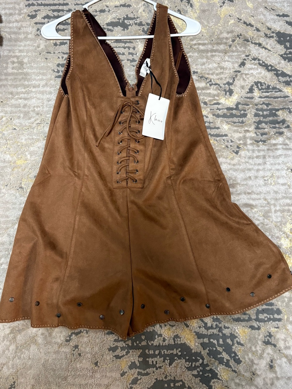 Kensie Brown Faux-Suede Lace-Up Romper Dress